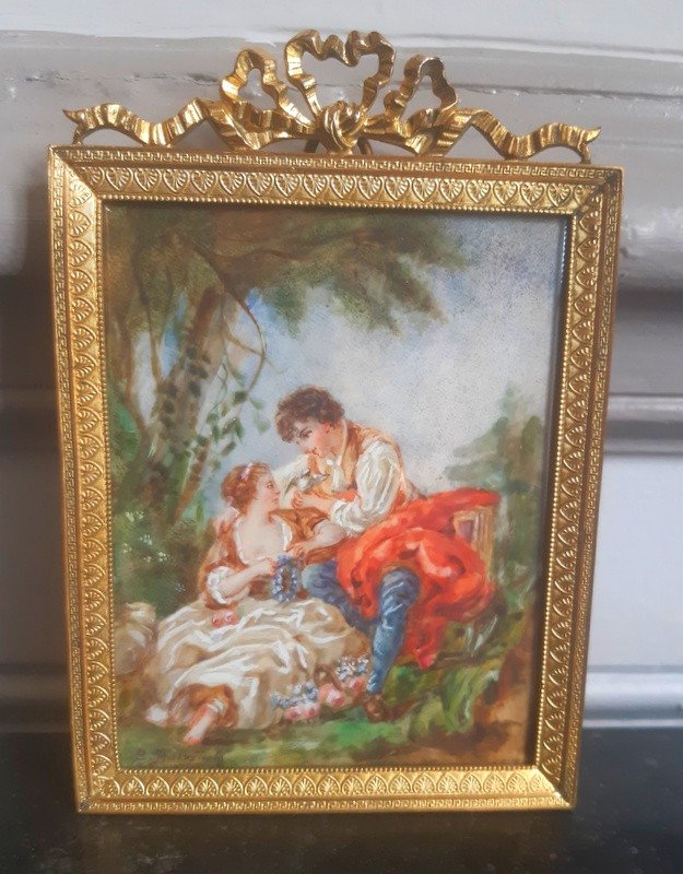 Ravissante Miniature à La Gouache d'Une Jeune Femme Et d'Un Jeune Homme Couple Scène Galante