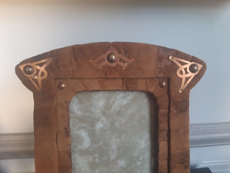 Grand Cadre Photo En Bois, Cuir Et Laiton Art Nouveau Jugenstil Vers 1900-photo-4