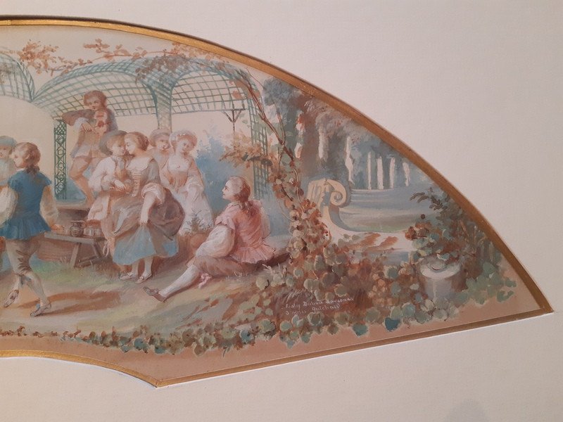 Délicieuse Scène Galante Fan Project In Gouache By Marguerite Fanny Dubois Davesne (1832-1900) -photo-4