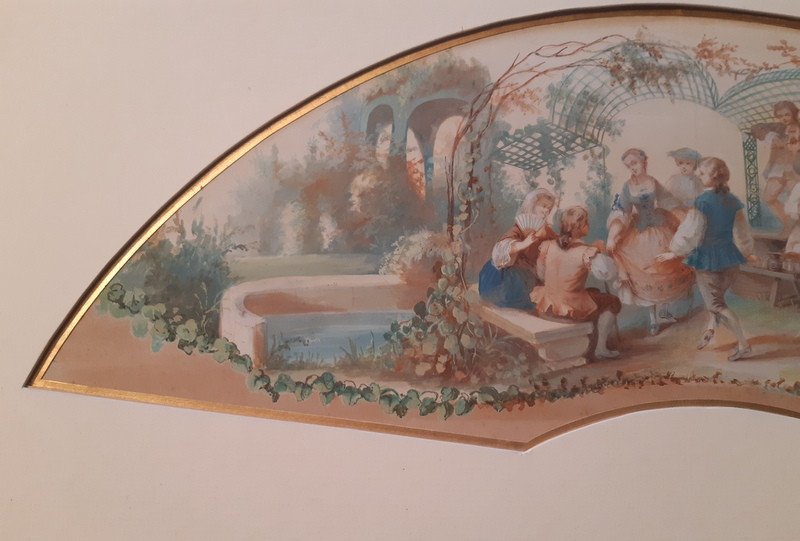 Délicieuse Scène Galante Fan Project In Gouache By Marguerite Fanny Dubois Davesne (1832-1900) -photo-1