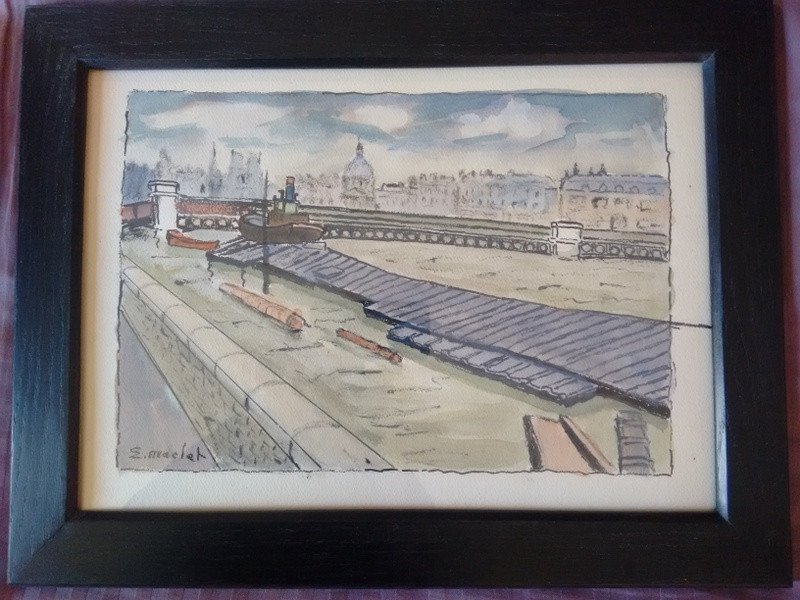 Elisée Maclet (1881-1962) Watercolor Ink Paris Quais De La Seine Barge