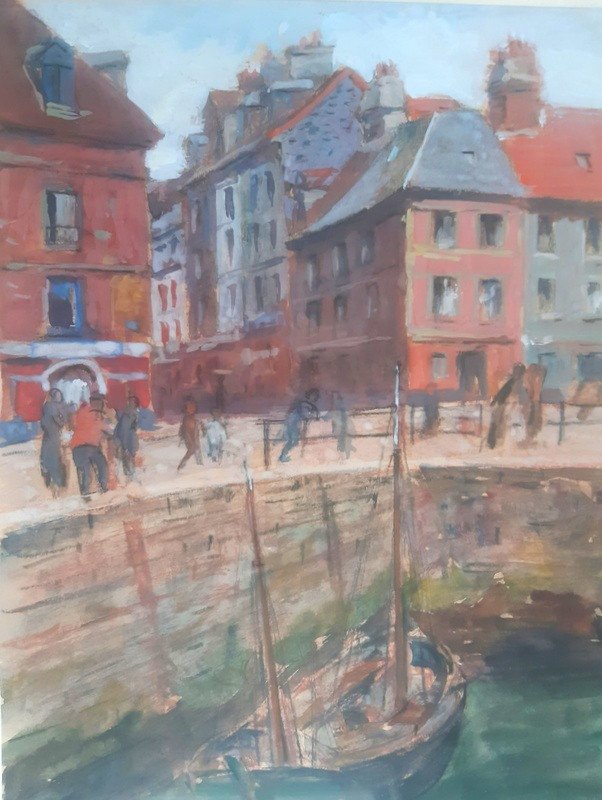André-Eugène Costilhes (1865-1940) Le Port de Dieppe animé à l'aquarelle-photo-1