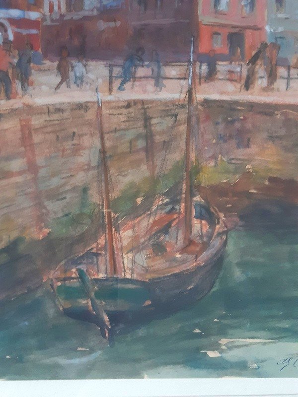 André-Eugène Costilhes (1865-1940) Le Port de Dieppe animé à l'aquarelle-photo-4