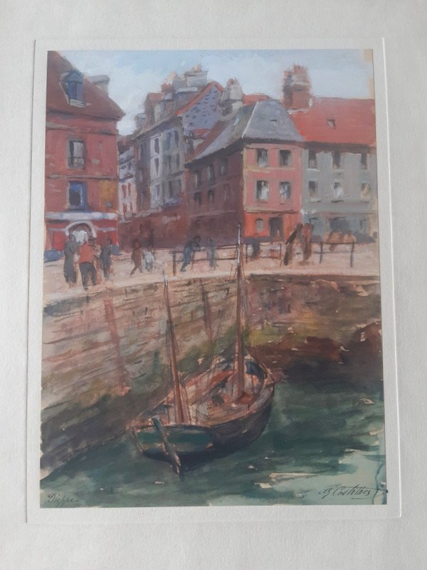André-Eugène Costilhes (1865-1940) Le Port de Dieppe animé à l'aquarelle