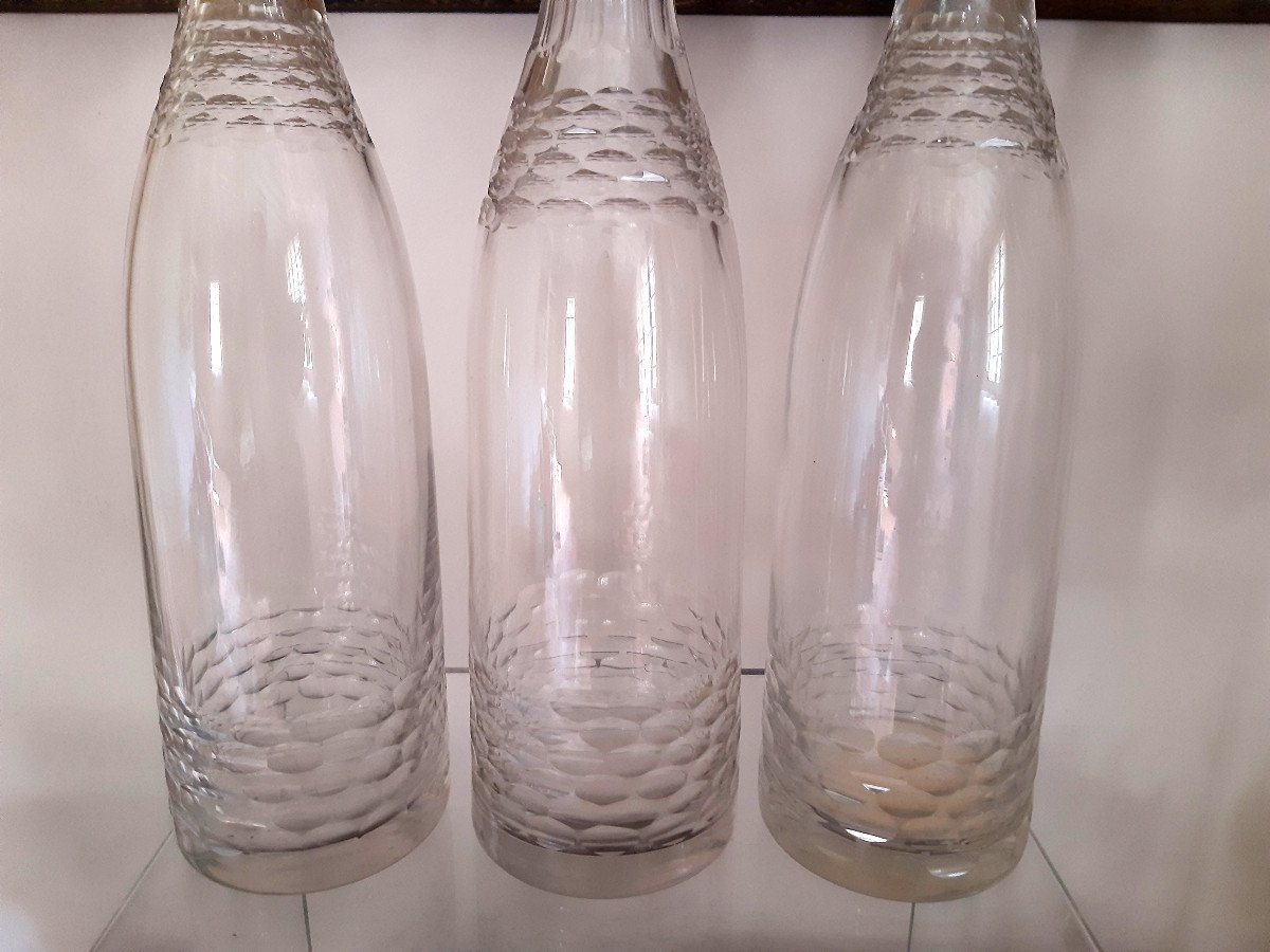 Beautiful Set Of 3 Old Bottles In Blown And Cut Glass XIXth Century-photo-2