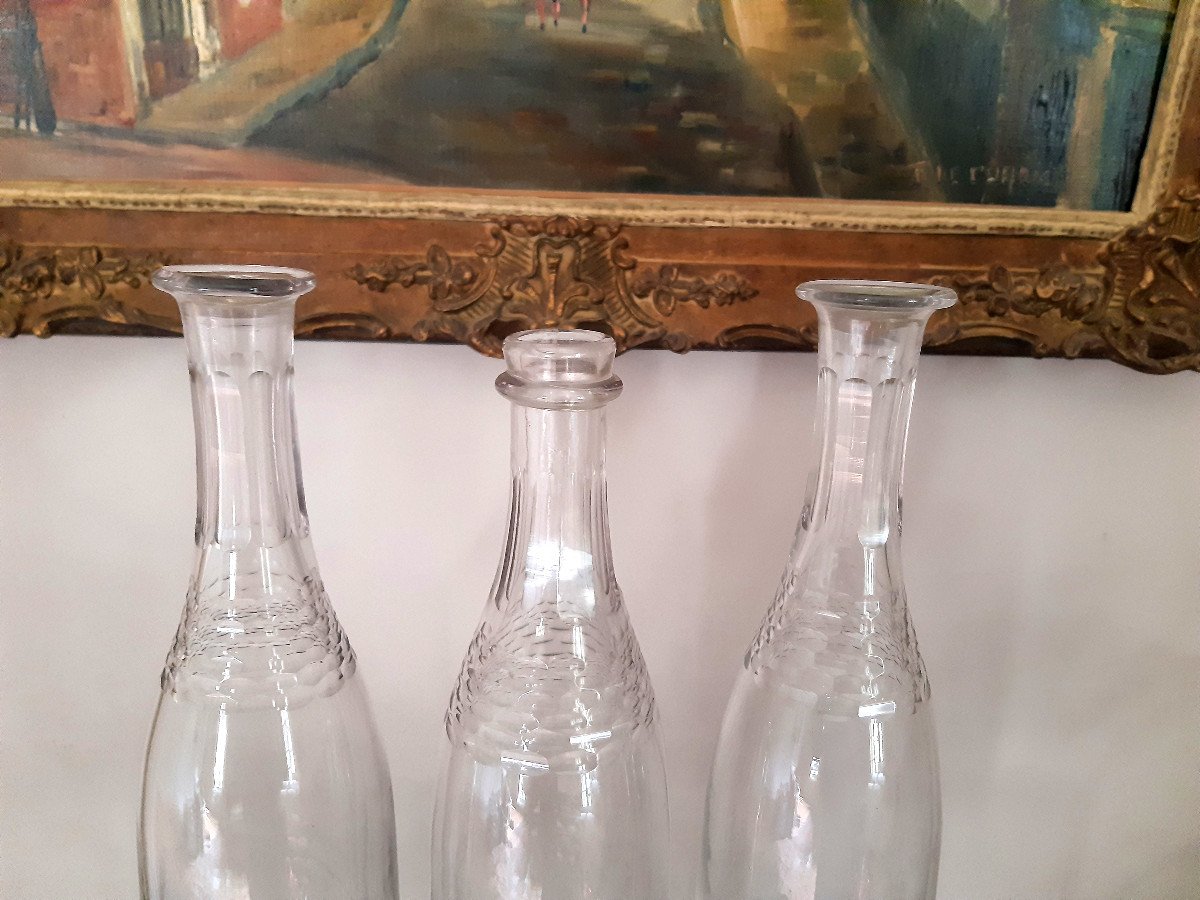 Beautiful Set Of 3 Old Bottles In Blown And Cut Glass XIXth Century-photo-3