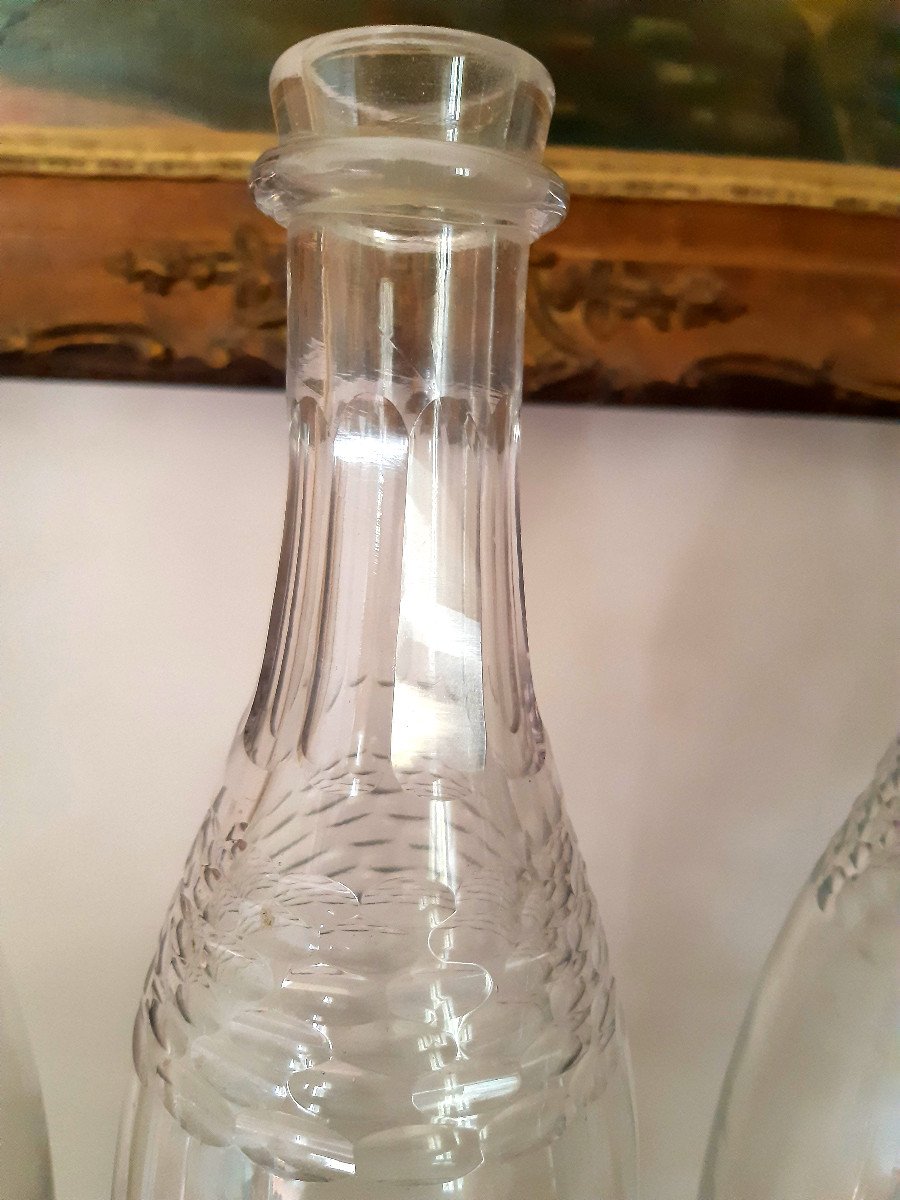 Beautiful Set Of 3 Old Bottles In Blown And Cut Glass XIXth Century-photo-1