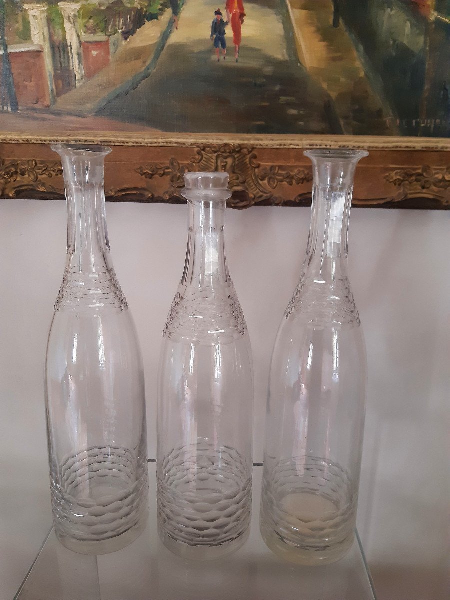 Beautiful Set Of 3 Old Bottles In Blown And Cut Glass XIXth Century