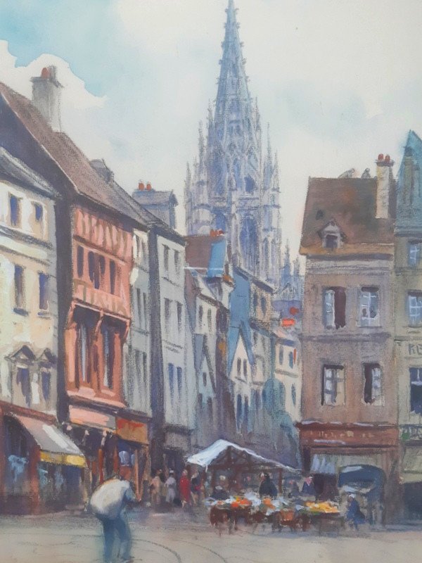 André-eugène Costilhes (1865-1940) View Of Rouen And Its Cathedral In Charcoal, Watercolor And Gouach-photo-3