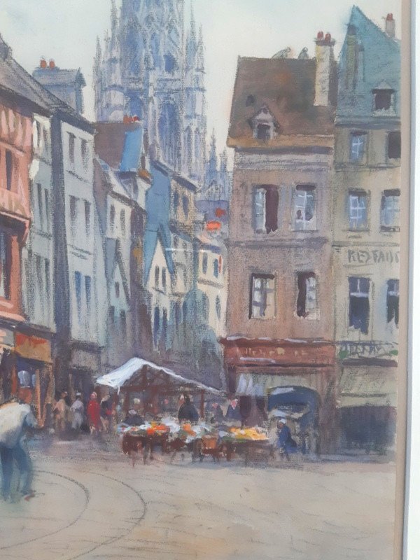 André-eugène Costilhes (1865-1940) View Of Rouen And Its Cathedral In Charcoal, Watercolor And Gouach-photo-4