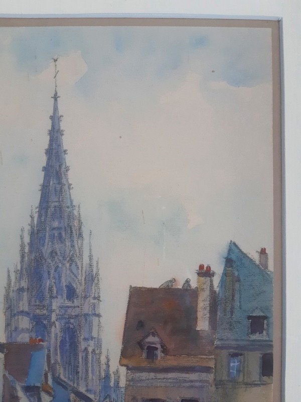 André-eugène Costilhes (1865-1940) View Of Rouen And Its Cathedral In Charcoal, Watercolor And Gouach-photo-3