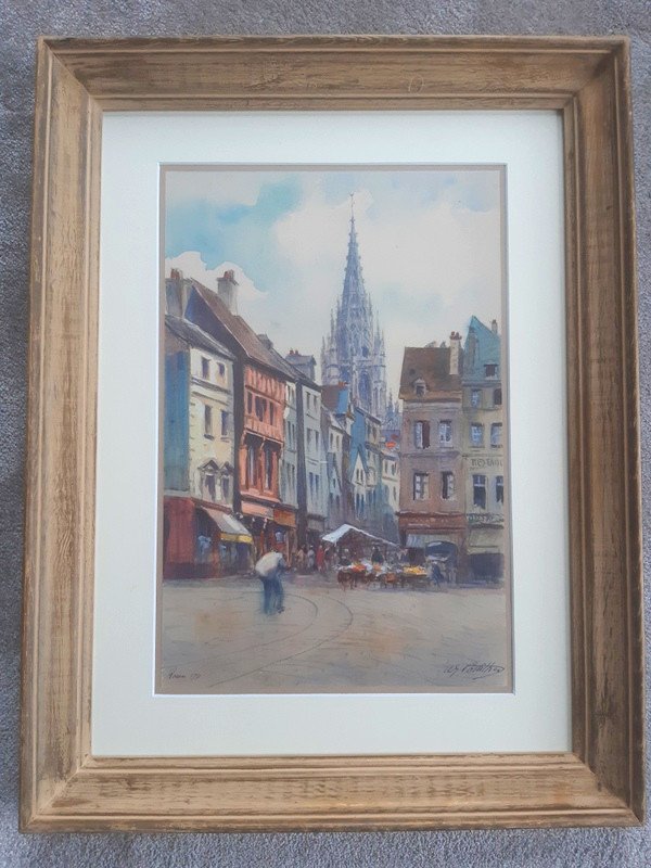André-eugène Costilhes (1865-1940) View Of Rouen And Its Cathedral In Charcoal, Watercolor And Gouach