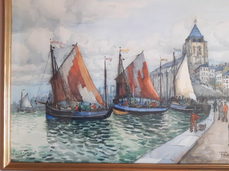 Frank-will (1900- 1950) Vue Du Tréport à l'Aquarelle Le Port Et l'Eglise Saint-jacques-photo-2