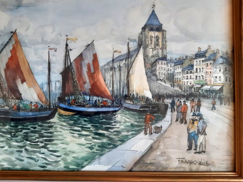 Frank-will (1900- 1950) Vue Du Tréport à l'Aquarelle Le Port Et l'Eglise Saint-jacques-photo-3