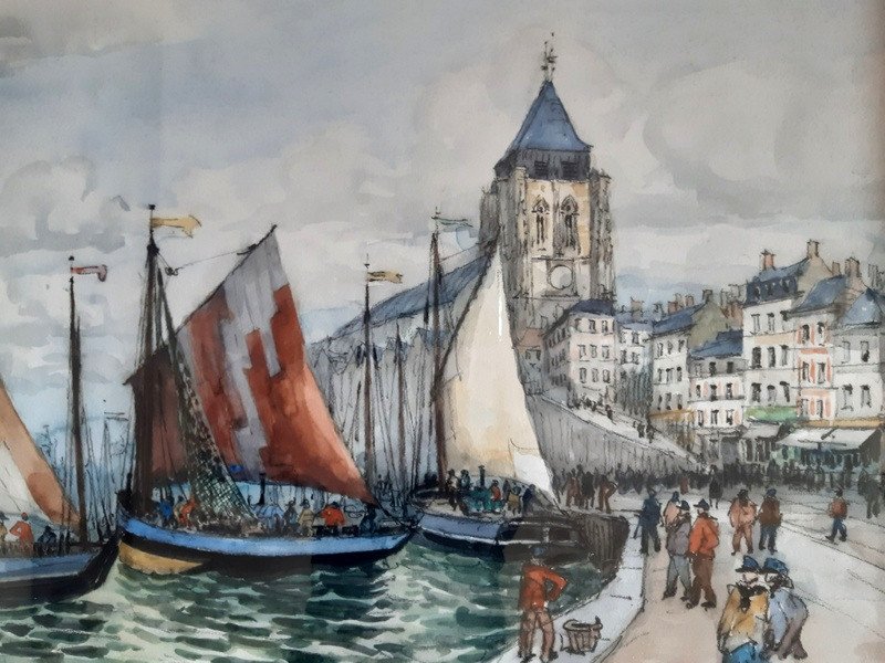 Frank-will (1900- 1950) Vue Du Tréport à l'Aquarelle Le Port Et l'Eglise Saint-jacques-photo-2