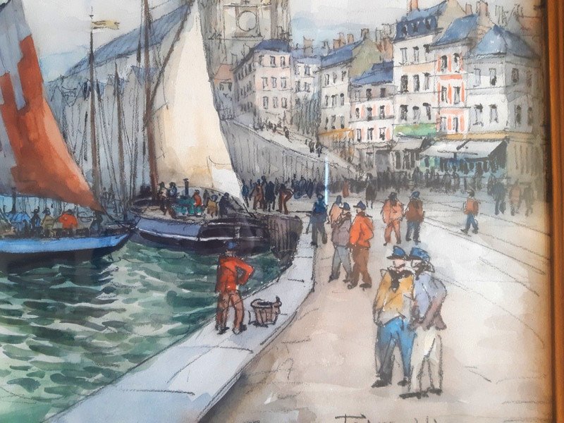 Frank-will (1900- 1950) Vue Du Tréport à l'Aquarelle Le Port Et l'Eglise Saint-jacques-photo-4