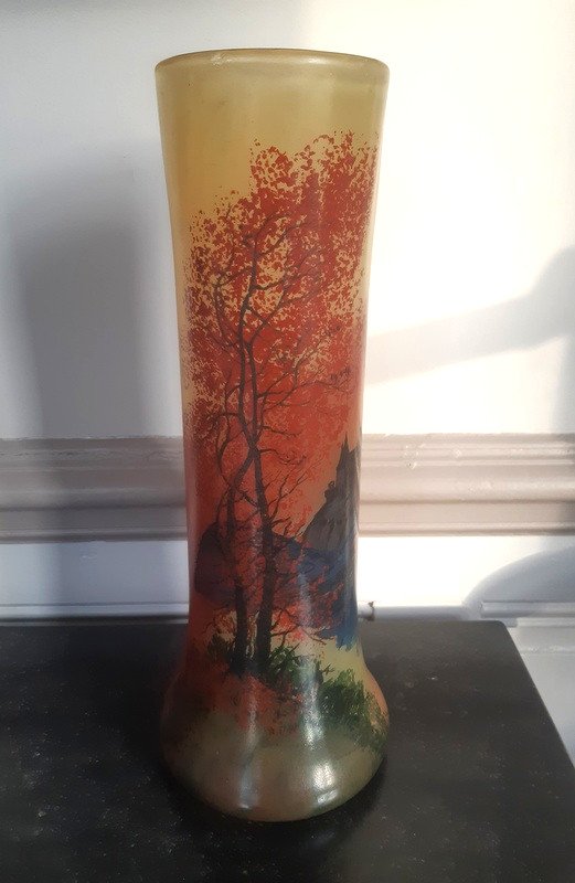 Grand Vase Legras En Verre émaillé d'Un Château Vers 1900-photo-3