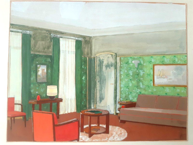 Gouache Interior Decorating Drawing Part Of The Workshop Background Of An Interior Decorator From 1920-1930-photo-2