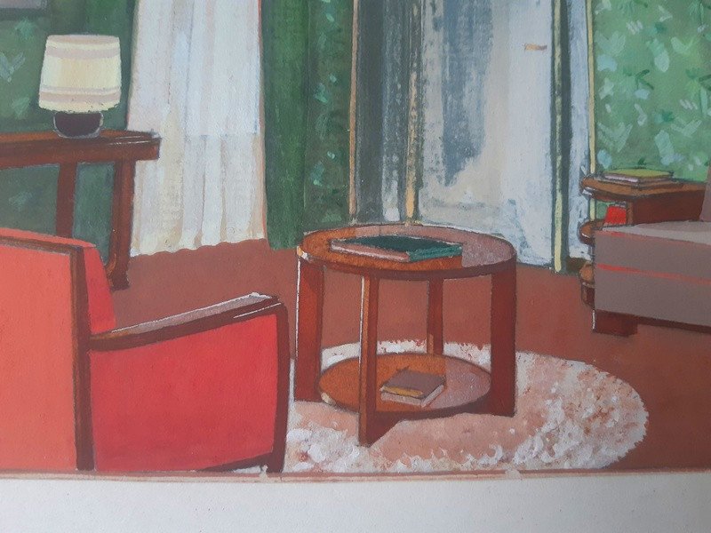 Gouache Interior Decorating Drawing Part Of The Workshop Background Of An Interior Decorator From 1920-1930-photo-4