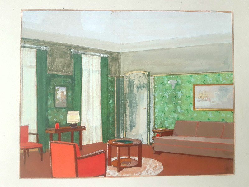 Gouache Interior Decorating Drawing Part Of The Workshop Background Of An Interior Decorator From 1920-1930