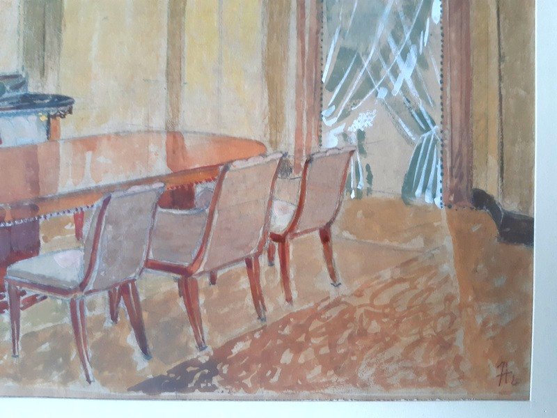 Dessin D'architecture et Décoration d'Intérieur Art déco Gouache Partie Du Fond d'Atelier d'Un Ensemblier Décorateur Des années 1920-1930 Atelier Pomone René Prou-photo-2