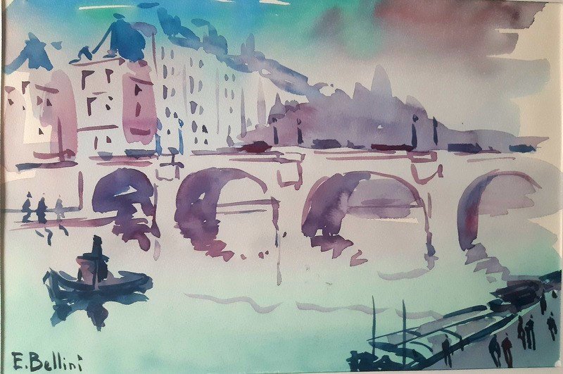 Emmanuel Bellini (monaco 1904-1989) Watercolor Paris The Seine The Pont Neuf And Place Dauphine-photo-2