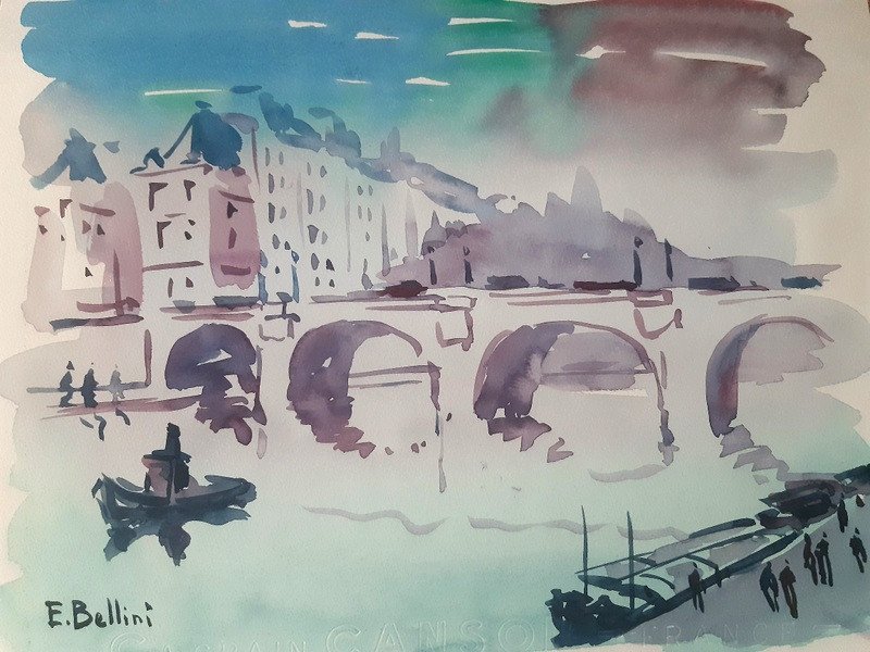 Emmanuel Bellini (monaco 1904-1989) Watercolor Paris The Seine The Pont Neuf And Place Dauphine-photo-3