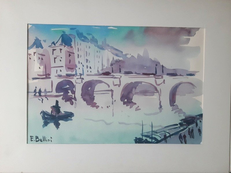 Emmanuel Bellini (monaco 1904-1989) Watercolor Paris The Seine The Pont Neuf And Place Dauphine