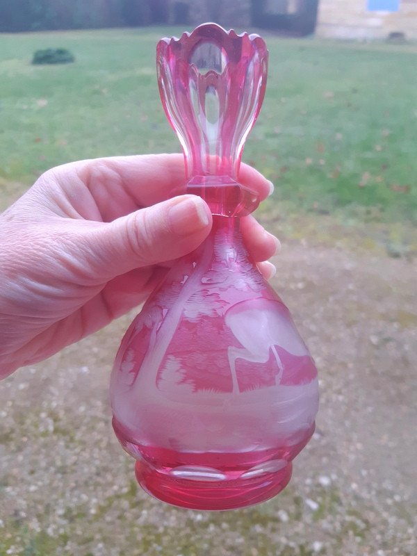  Ravissant Vase En cristal De Bohême Taillé Et Gravé d'Un cerf Décor Cynégétique XIXème Siècle -photo-2