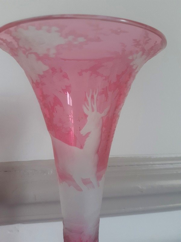 Pair Of Bohemian Crystal Vases Engraved Hunting Decor Hunting Scene Deer And Doe Vase XIXème -photo-3