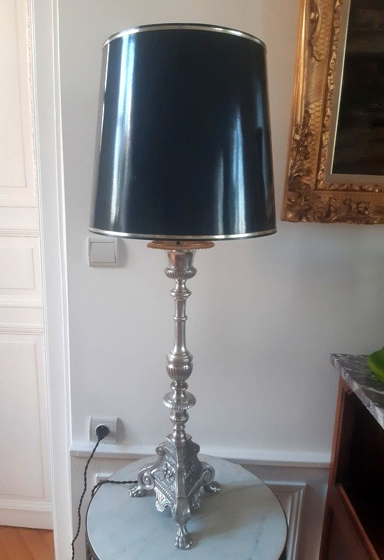 Grande Lampe Pique-cierge En Bronze Argenté XIXème Siècle-photo-3