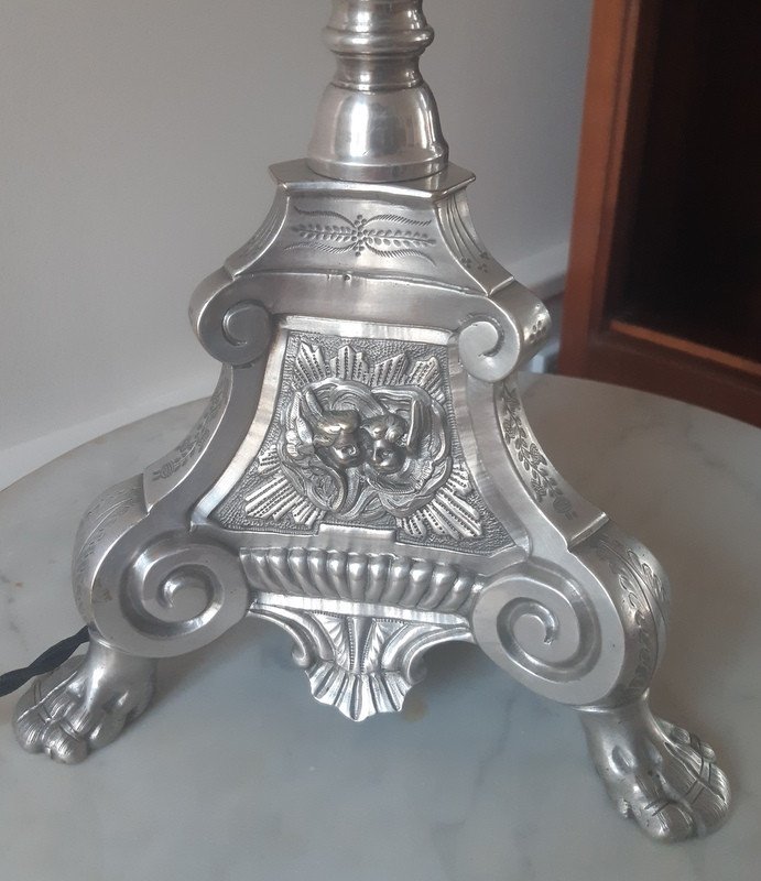 Grande Lampe Pique-cierge En Bronze Argenté XIXème Siècle-photo-4