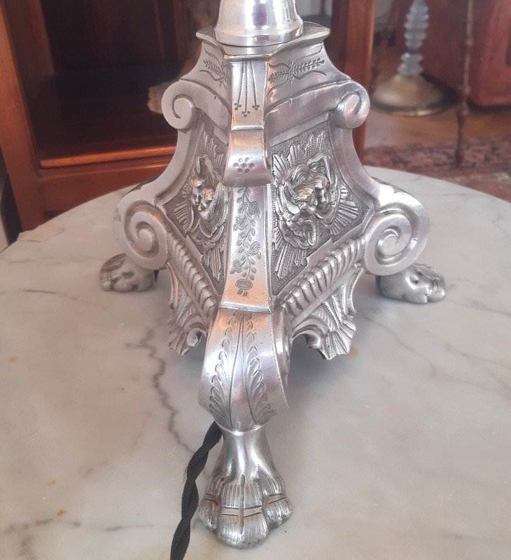 Grande Lampe Pique-cierge En Bronze Argenté XIXème Siècle-photo-3