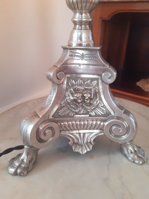Grande Lampe Pique-cierge En Bronze Argenté XIXème Siècle-photo-4
