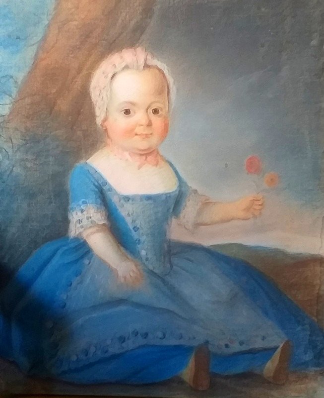 Charmant Portrait Au Pastel De Petite Fille Fillette Enfant Au Bouquet De Fleurs Epoque Louis XVI