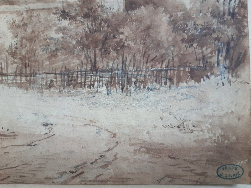 Justin Ouvrié (Paris 1806-Sotteville-Lès-Rouen 1879) Dessin au lavis et graphite paysage Chemin de campagne-photo-2