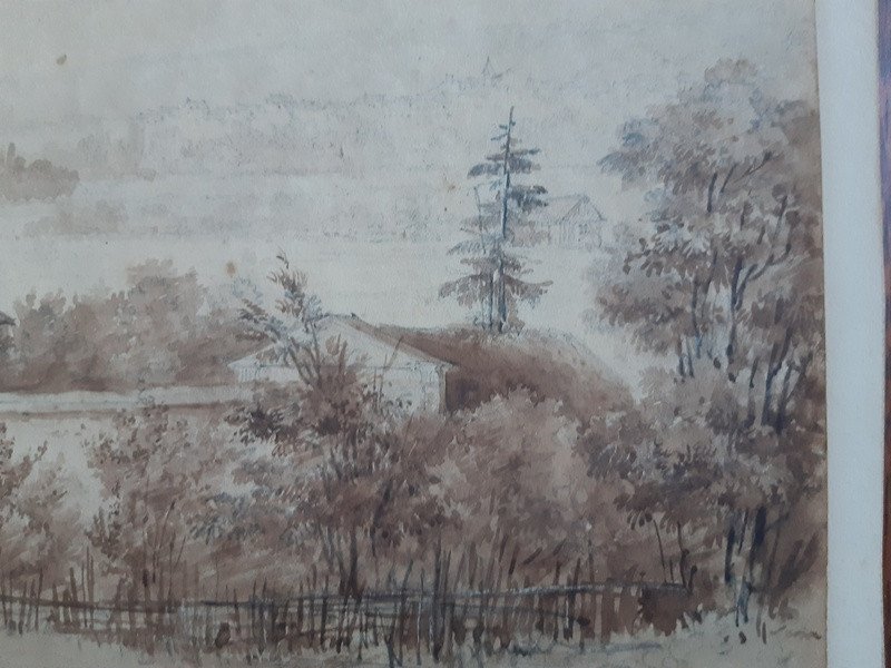 Justin Ouvrié (Paris 1806-Sotteville-Lès-Rouen 1879) Dessin au lavis et graphite paysage Chemin de campagne-photo-3