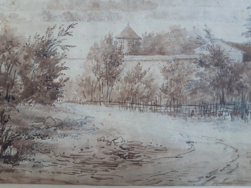 Justin Ouvrié (Paris 1806-Sotteville-Lès-Rouen 1879) Dessin au lavis et graphite paysage Chemin de campagne-photo-1