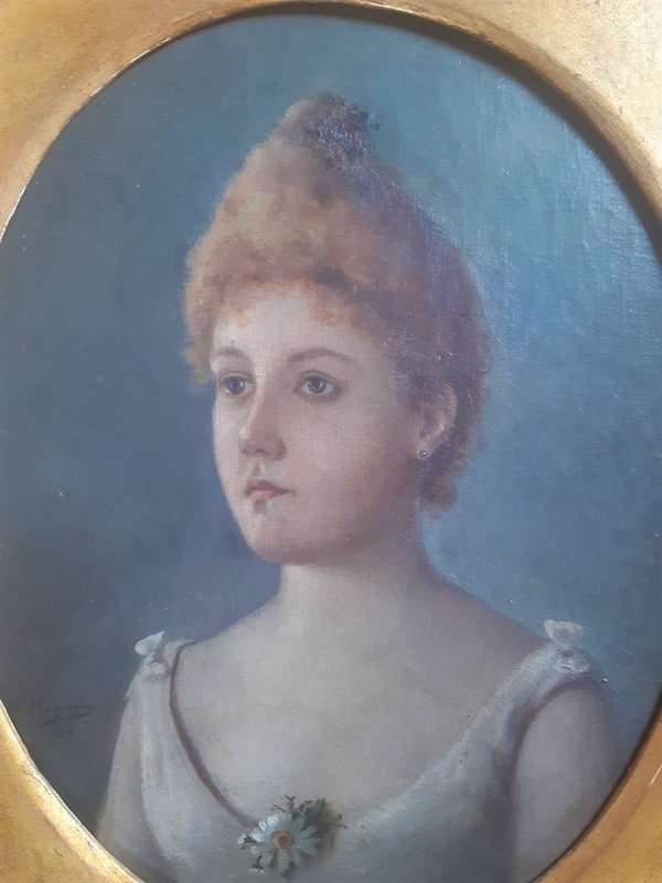 Huguenin (1842-1903) Ecole Suisse Du XIXème Charmant Portrait De Jeune Femme à La Marguerite-photo-2