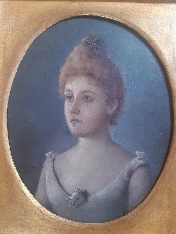 Huguenin (1842-1903) Ecole Suisse Du XIXème Charmant Portrait De Jeune Femme à La Marguerite-photo-3