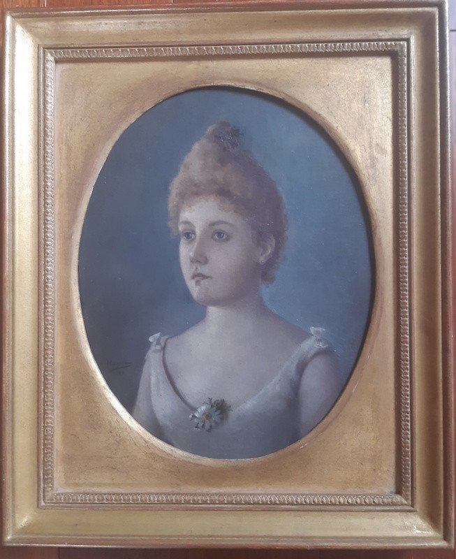 Huguenin (1842-1903) Ecole Suisse Du XIXème Charmant Portrait De Jeune Femme à La Marguerite