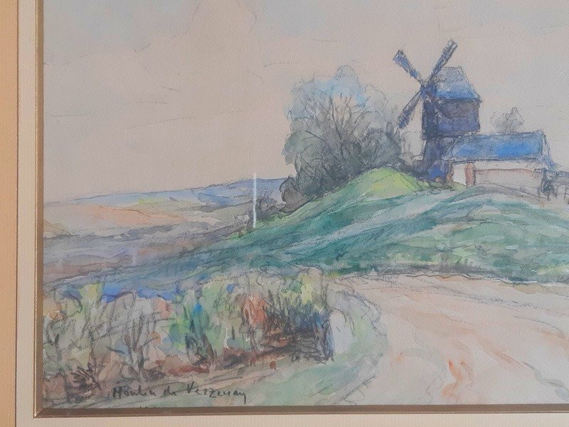 Georges Rose (1895-1951) Aquarelle Et Fusain Vue Du Moulin De Verzenay Près Reims En Champagne Dans la Marne-photo-3