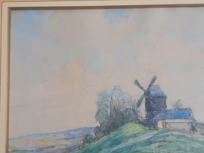 Georges Rose (1895-1951) Aquarelle Et Fusain Vue Du Moulin De Verzenay Près Reims En Champagne Dans la Marne-photo-4