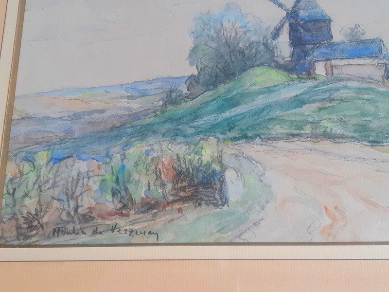 Georges Rose (1895-1951) Aquarelle Et Fusain Vue Du Moulin De Verzenay Près Reims En Champagne Dans la Marne-photo-5