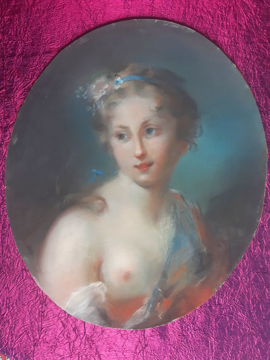 Délicieux Portrait De Jeune Femme Au Pastel Avec Son Cadre Rocaille XVIIIème Siècle-photo-2