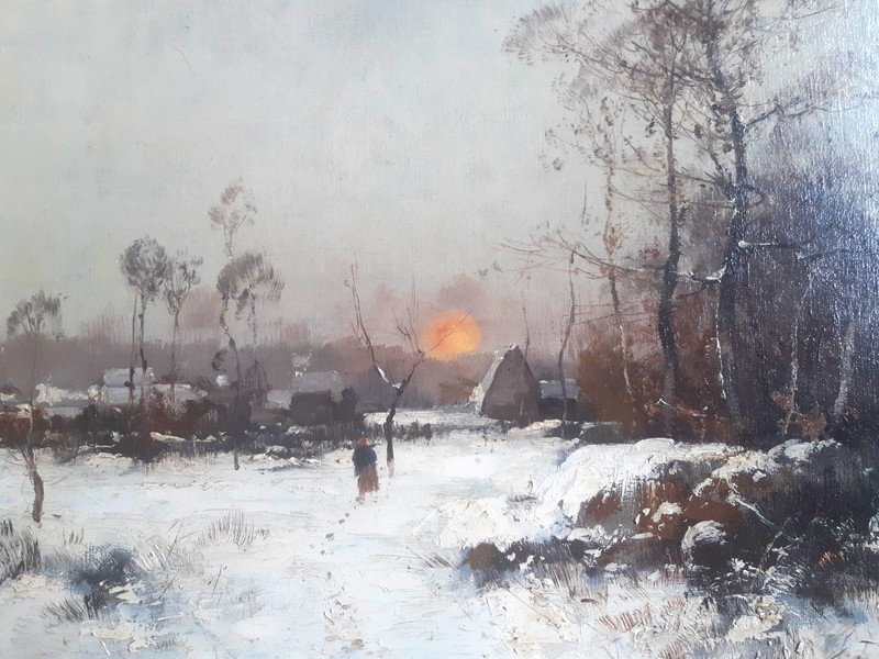 Eugène Galien Laloue (1854-1941) Galien-Laloue Huile Sur Toile Hameau Sous La Neige Signée J. Lievin-photo-2