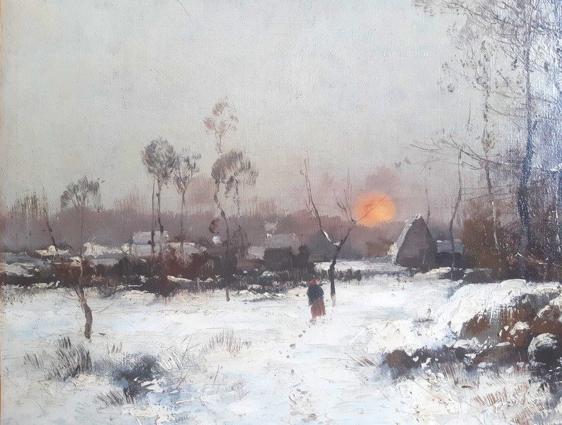 Eugène Galien Laloue (1854-1941) Galien-Laloue Huile Sur Toile Hameau Sous La Neige Signée J. Lievin-photo-1