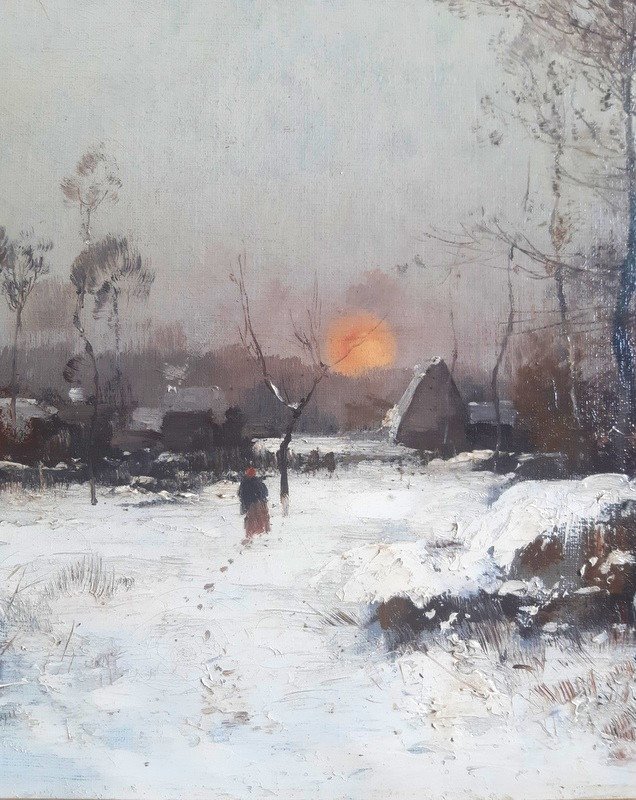 Eugène Galien Laloue (1854-1941) Galien-Laloue Huile Sur Toile Hameau Sous La Neige Signée J. Lievin-photo-2