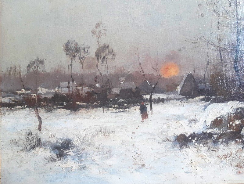 Eugène Galien Laloue (1854-1941) Galien-Laloue Huile Sur Toile Hameau Sous La Neige Signée J. Lievin-photo-3