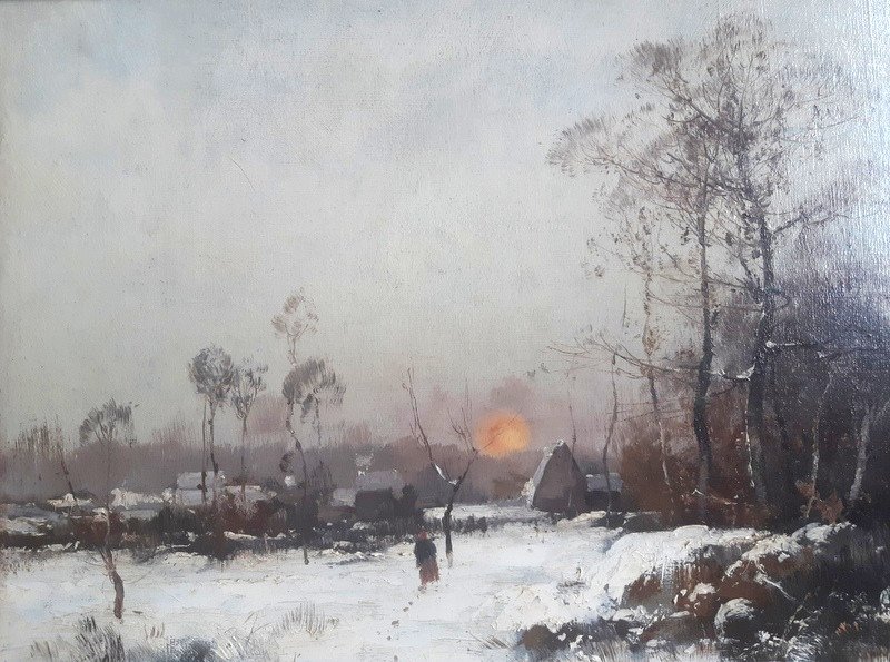 Eugène Galien Laloue (1854-1941) Galien-Laloue Huile Sur Toile Hameau Sous La Neige Signée J. Lievin-photo-4